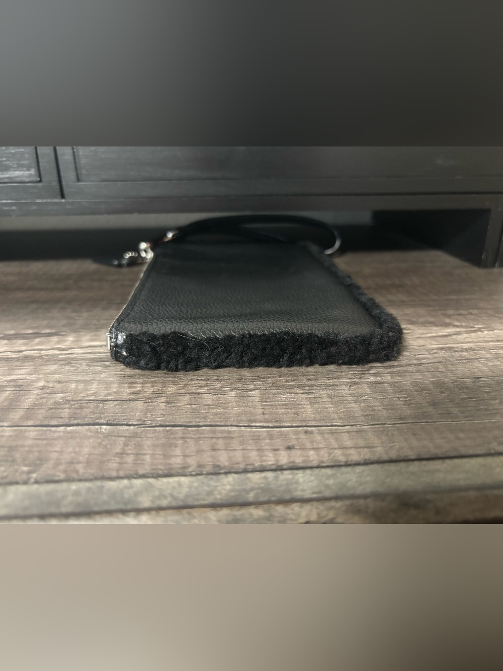Coach Black Pebbled Leather Shearling-Trim Wristlet - Picture 5 of 11